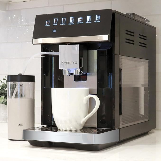 Kenmore Fully Automatic Coffee Maker - with Grinder, Milk Frother & Steamer, Auto Tamper, Descaler Expresso Machine, cafeteras electricas modernas machines For Home/Office Black