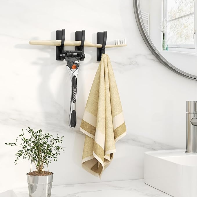 Adhesive Wall Hooks for Towels Coats - Stick On Hooks Hanging Heavy Duty (13lb), Metal Hook for Door, Bathroom, Dorm, Closet - Hanger for Purse, Bag, Robe,Backpack - No Damage to Wall - Black 6 Pack