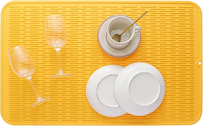 Silicone Dish Drying Mat for Multiple Usage,Easy clean,Eco-friendly,Heat-resistant Silicone Mat for Kitchen Counter or Sink,Refrigerator or Drawer Liner Yellow 3XL 28 inches x 18 inches