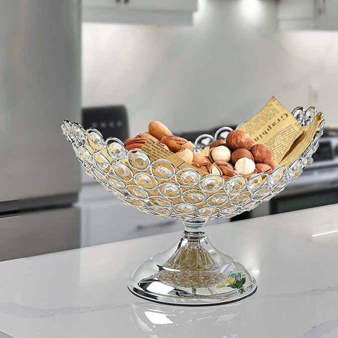 Hollow-Carved Design Crystal Fruit Bowl Food Bowl for Table Centerpiece,Snack Dessert Bowl Holder,Elegant Crystal Bowl for Party table (Silvery, Ship type)