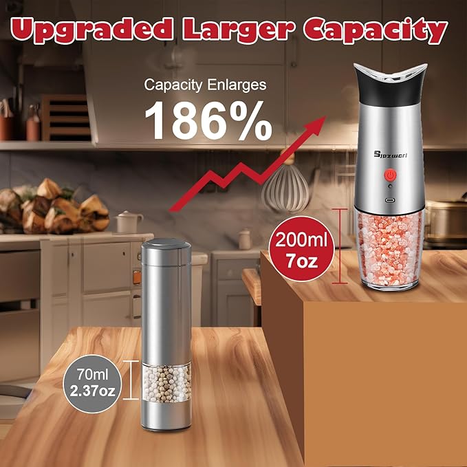 Electric Salt and Pepper Grinder Set: For Gravity Automatic Salt and Pepper Grinder Set with Light Adjustable Coarseness Sea Spice Shakers Stainless Steel Rechargeable Spice Peppercorn Mill