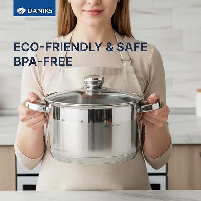 Daniks Standard Stainless Steel Stock Pot with Glass Lid – Induction 7 Quart, Dishwasher Safe, Measuring Scale, For Soup, Pasta, Stew, Silver