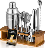 KITESSENSU Cocktail Shaker Set Bartender Kit with Stand | Bar Set Drink Mixer Set with All Essential Accessory Tools: Martini Shaker, Jigger, Strainer, Mixer Spoon, Muddler, Liquor Pourers |Silver