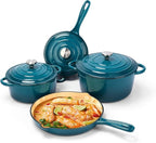 Hisencn Enameled Cast Iron Cookware Set - 7 Piece Set of Dutch Ovens, Sauce Pan, Skillet, 3 Lids, Dutch Oven Set, Ceramic Coated Cast Iron, Heavy Duty, Gas/Induction Compatible (Teal)