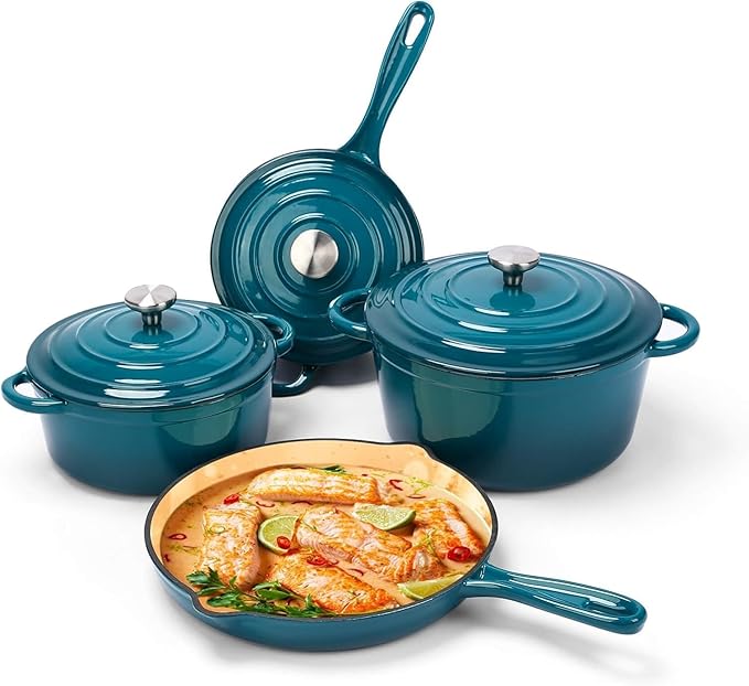 Hisencn Enameled Cast Iron Cookware Set - 7 Piece Set of Dutch Ovens, Sauce Pan, Skillet, 3 Lids, Dutch Oven Set, Ceramic Coated Cast Iron, Heavy Duty, Gas/Induction Compatible (Teal)