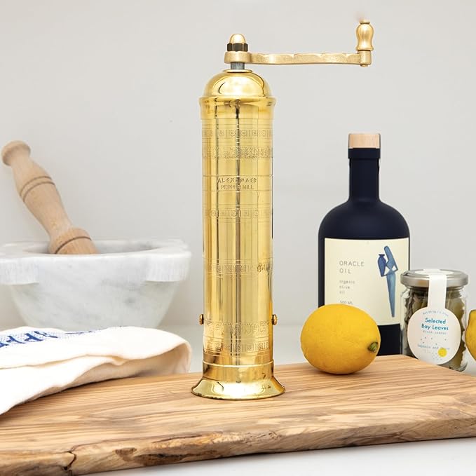The Original Greek Pepper Mill 10 Inch Tall | European Pepper Mill Grinder with Crank Handle | Manual Pepper Grinder | Peppercorns Refillable - Brass