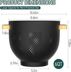 Metal Colander with Bamboo Wood Handle, 6 QT Large Strainer with Self-Draining Base, Kitchen Strainer Bowl for Pasta Spaghetti Vegetables Fruit Berry, Essential Kitchen Appliance and Gadget (Black)
