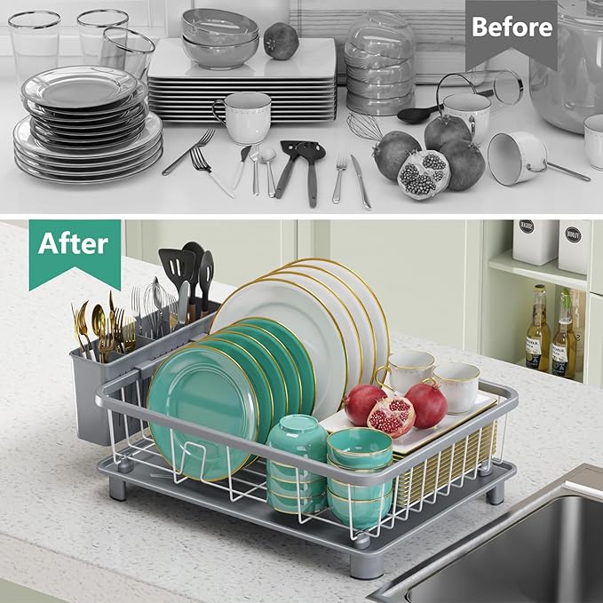Dish Drying Rack - Space-Saving Dish Rack,Dish Racks for Kitchen Counter with Drainboard, Rustproof Dish Drainer with a Removable 4-Compartment Utensil Holder,Gray