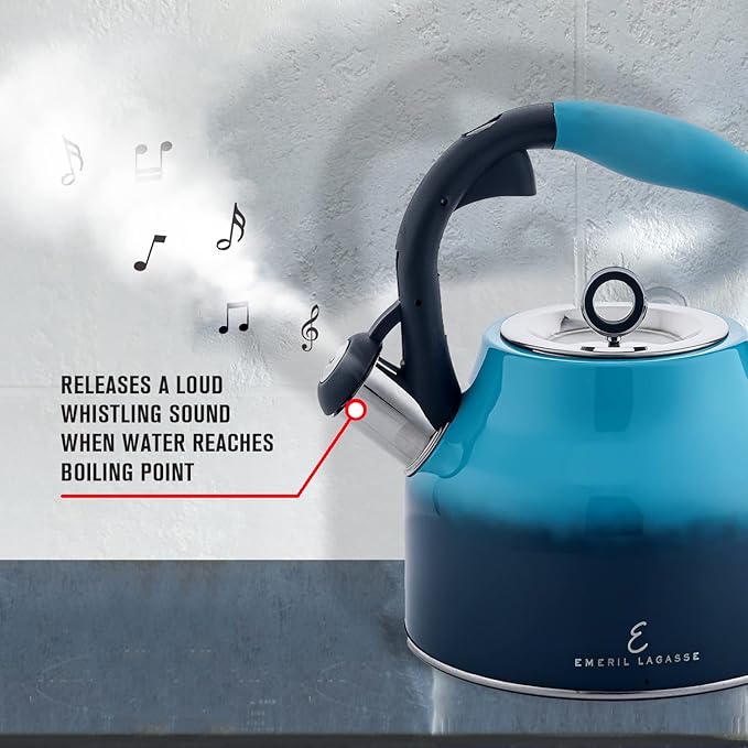 Emeril Lagasse 2.6 Quart/2.5 Liter Whistling Tea Kettle, Stainless Steel Tea Pot for Induction Stove Top, Fast to Boil Water for Home Kitchen Condo, with Ergonomic Cool Grip Handle, Blue