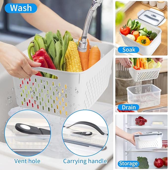 4 Pack Fruit Storage Containers for Fridge with Removable Colanders, Produce Storage Containers for Fridge, Airtight Food Storage Containers for Berry Fruit Vegetable Meat Keeper Fresh (with handle)