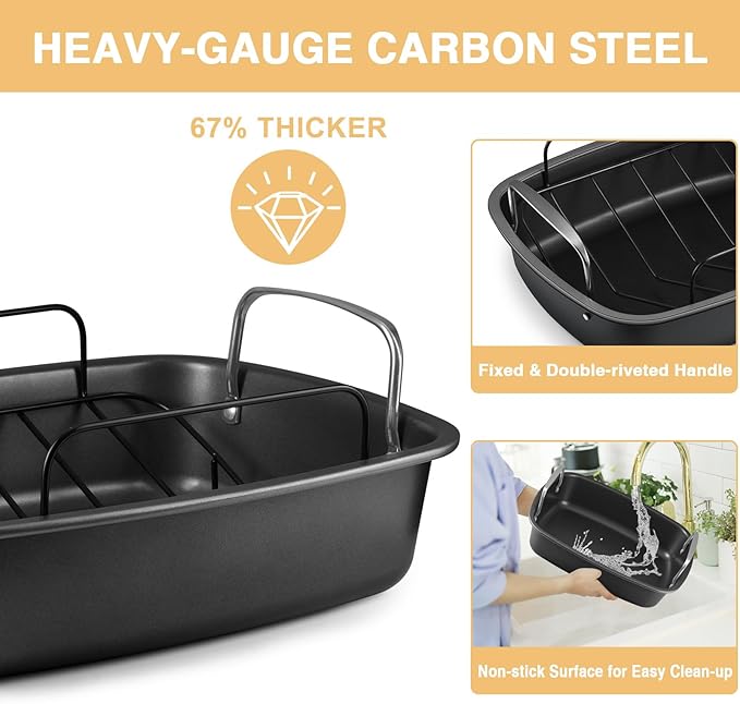 Nonstick Turkey Roasting Pan with Rack - 17×13 Inch Extra Large Roaster Pan, Deep Turkey Tray for Oven, U-Shaped Rack, Wider Handles, Ideal for Ovens, Thanksgiving, and Christmas