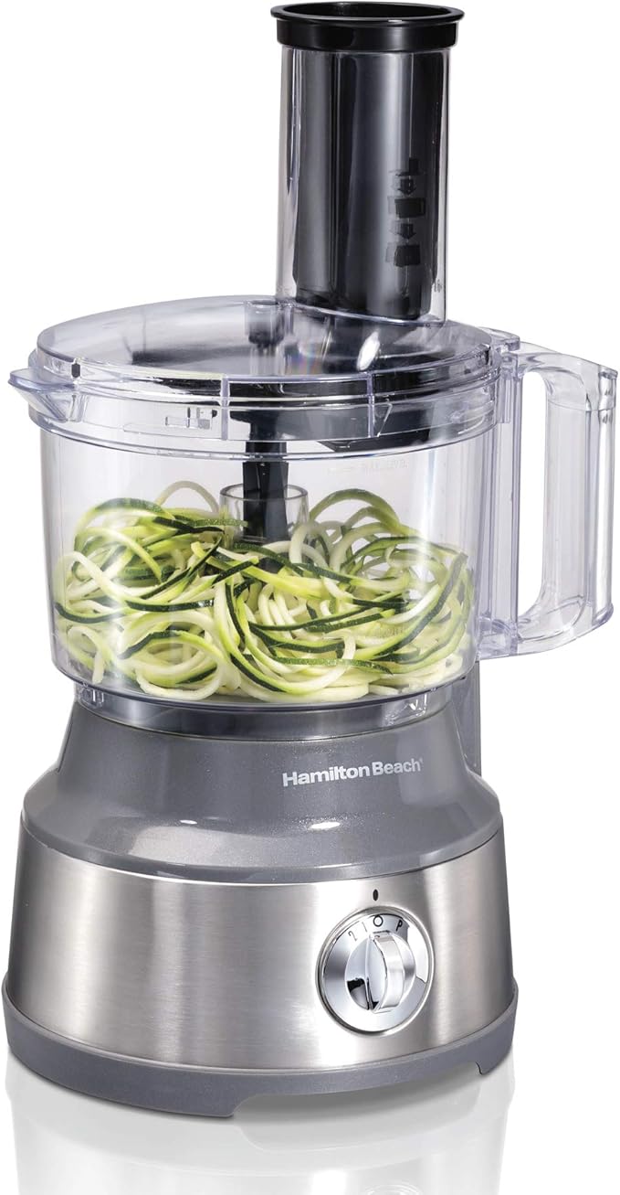 Hamilton Beach Food Processor & Vegetable Chopper for Slicing, Shredding, Mincing, and Puree, 10 Cups + Veggie Spiralizer makes Zoodles and Ribbons, Grey and Stainless Steel (70735)
