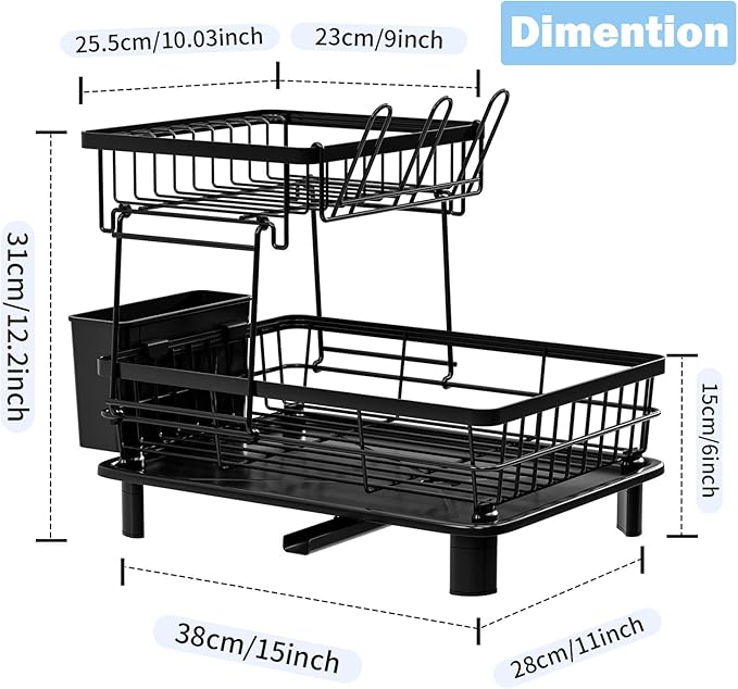 2-Tier Dish Drying Rack with Drainboard, Rustproof Stainless Steel Dish Rack for Kitchen Counter, Large Capacity Dish Drainer with Cup Holder, Utensil Holder, and Plate Organizer for Home Kitchens