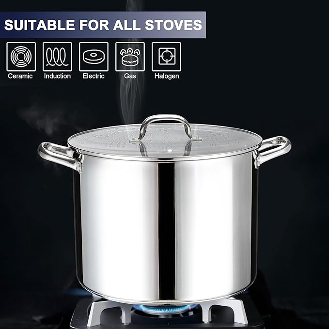 20 QT Stainless Steel Large Stock Pot, LIANYU Heavy Stockpot with Glass Lid, Deep Soup Canning Pot for Stewing Simmering, Tri-ply Base for Induction, Halogen Cooktops, Dishwasher Safe