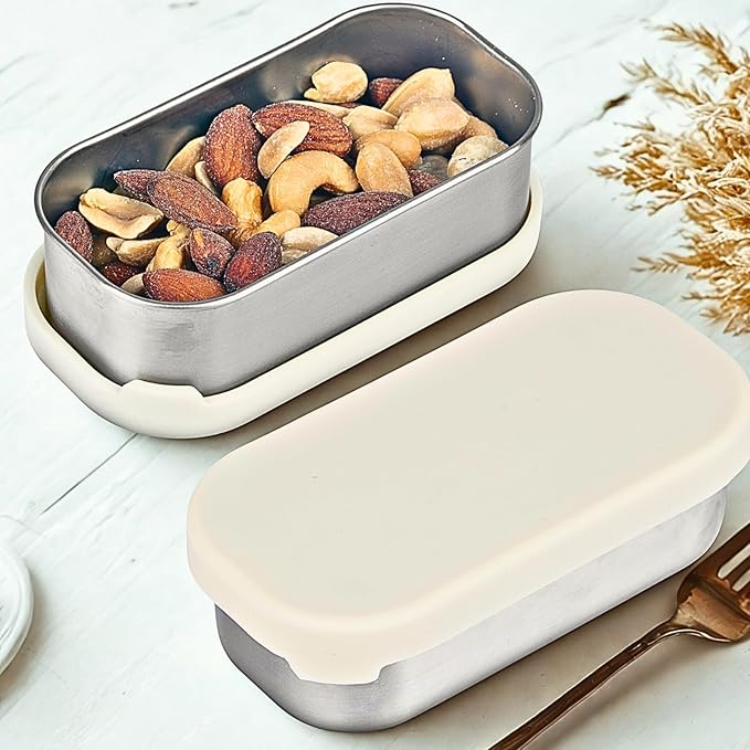 Flexibento - 2 x 6.5 oz | Leak proof | Small Stainless steel Snack Containers with Silicone lids|Dip, snacks, condimenrs | Plastic and BPA free | Metal Lunch box | Black (set of 2)