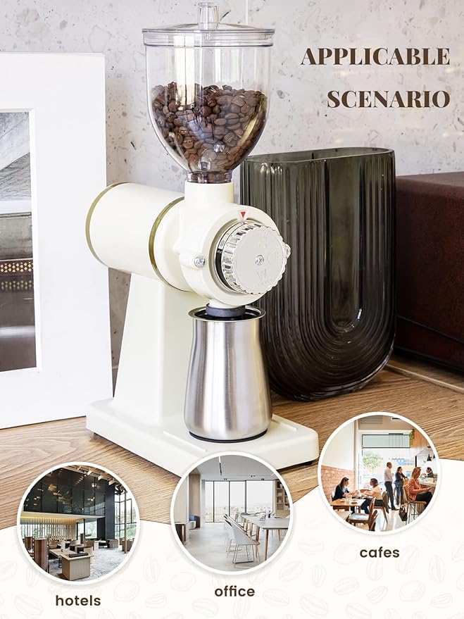 Huanyu Electric Coffee Bean Grinder 250G Commercial&Home Milling Grinding Machine 200W Automatic Burr Grinder Professional Miller 8 Fine - Coarse Grind Size Settings (White)