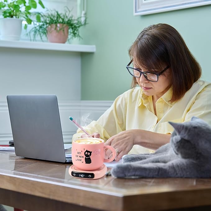Bsigo Coffee Mug Warmer & Best CAT MOM Ever Mug Set, Electric Candle Mug Warmer 8H Auto Shut Off, Home & Office Beverage Cup Coffee Warmer for Desk, Cat Lover Mom Sister Birthday Women Mothers Day