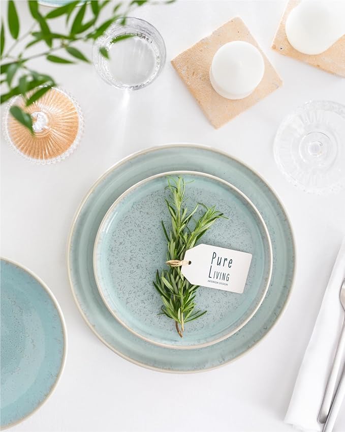 Stoneware dinnerware set 8 persons 32 pcs – Modern style plates and bowls set ceramic – Dishwasher safe and scratch resistant – Bowl and plate set – Dinner service Pure Living beige & blue