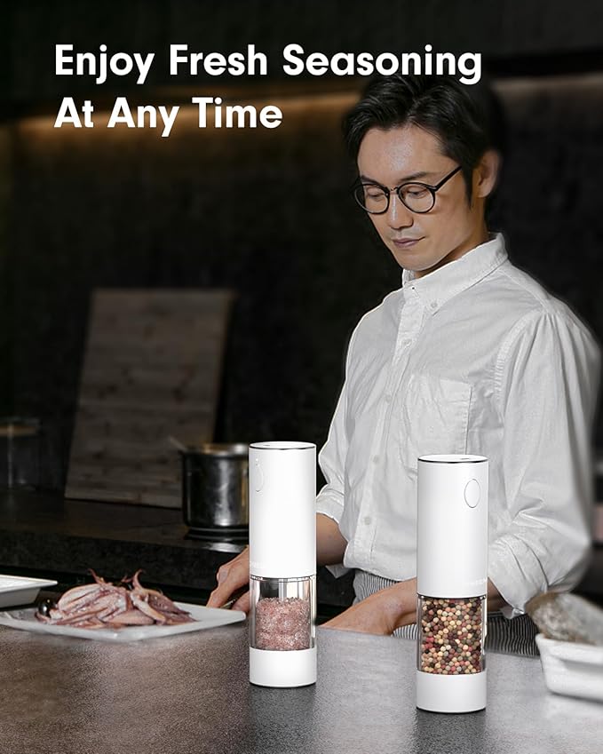 TOMEEM Upgraded Larger Capacity Electric Salt and Pepper Grinder Set Rechargeable with LED lights, Stainless Steel Automatic Pepper and Salt Grinder Refillable with 5 Adjustable Coarseness White