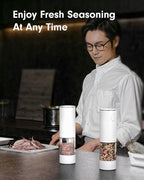 TOMEEM Upgraded Larger Capacity Electric Salt and Pepper Grinder Set Rechargeable with LED lights, Stainless Steel Automatic Pepper and Salt Grinder Refillable with 5 Adjustable Coarseness White