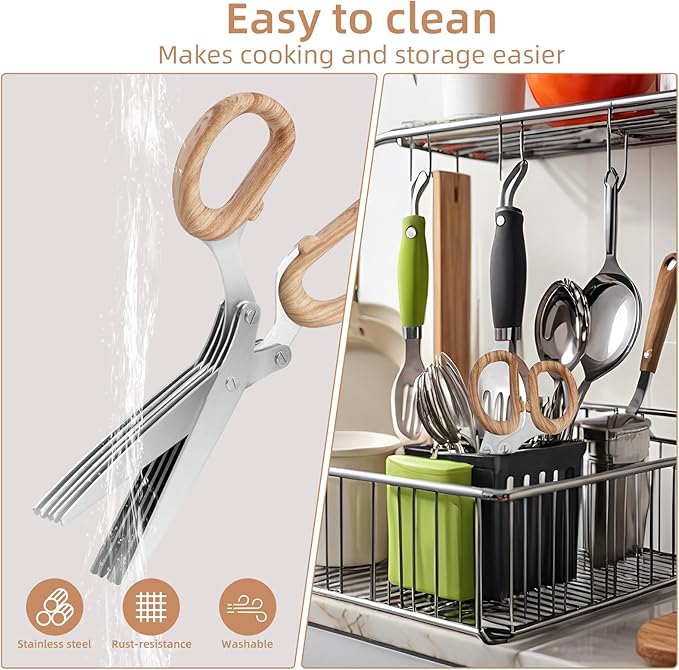 2025 New Herb Scissors Set - Wood Grain Pattern 5 Blades with Cover and Comb - Skin-Friendly Handle, Delicate Grip - Dishwasher Safe, Anti-Rust Stainless Steel for Cutting Fresh Garden Herbs