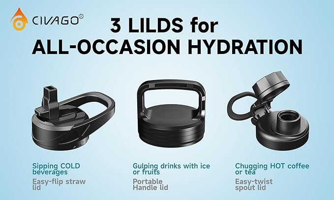 CIVAGO 64 oz Insulated Water Bottle With Straw, Half Gallon Stainless Steel Sports Water Flask Jug with 3 Lids (Straw, Spout and Handle Lid), Large Metal Thermal Cup Mug, Cream