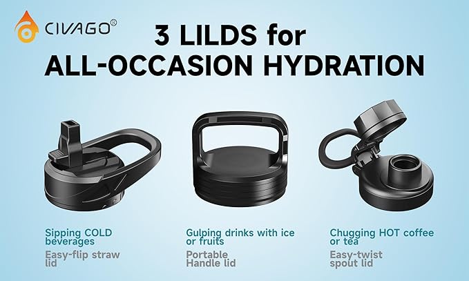 CIVAGO 64 oz Insulated Water Bottle With Straw, Half Gallon Stainless Steel Sports Water Flask Jug with 3 Lids (Straw, Spout and Handle Lid), Large Metal Thermal Cup Mug, Dreamy Black Gray