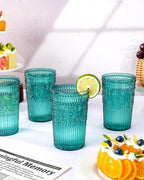 Ciaell 12 Pack Romantic Plastic Water Glasses - 14 Oz Green Vintage Drinking Glasses, Embossed Ribbed Plastic Cups, Textured Striped Set for Juice, Beverages, Beer, Cocktail, Christmas