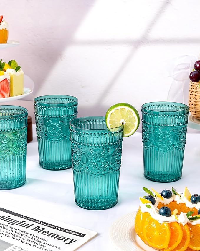 Ciaell 12 Pack Romantic Plastic Water Glasses - 14 Oz Green Vintage Drinking Glasses, Embossed Ribbed Plastic Cups, Textured Striped Set for Juice, Beverages, Beer, Cocktail, Christmas