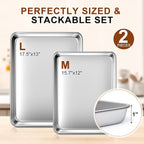 Baking Sheet Set of 2, Commercial Grade Stainless Steel Cookie Sheets for Baking, 17.5''x13'' / 15.7''x12'', Thicker and Firmer Baking Pans Set, Rust & Warp Resistant & Nonstick, Nontoxic & Heavy Duty
