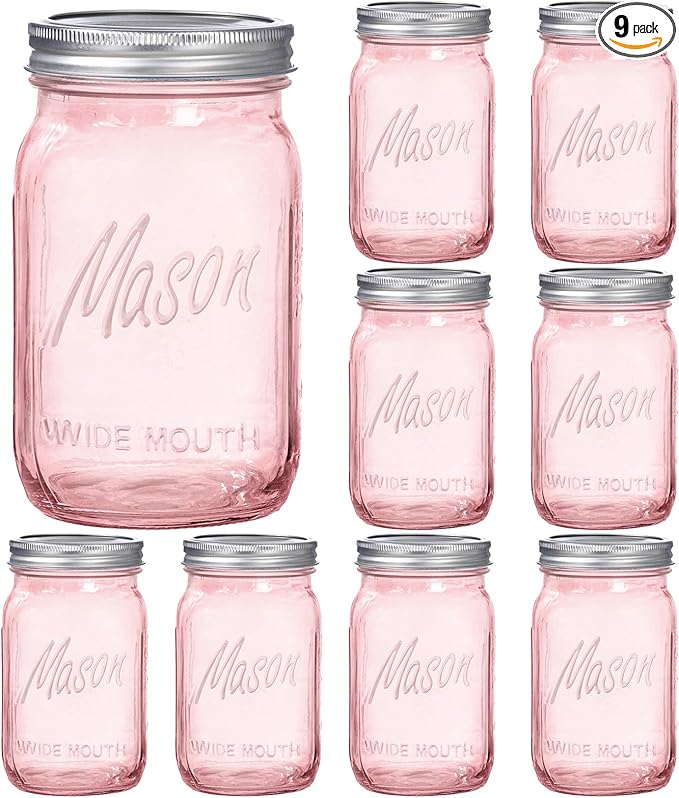 WELLIFE Pink Mason Jars 32 oz,9 Pack Wide Mouth Mason Jars for Safe Storage,Fermenting,Pickling,DIY,Crafts Decoration