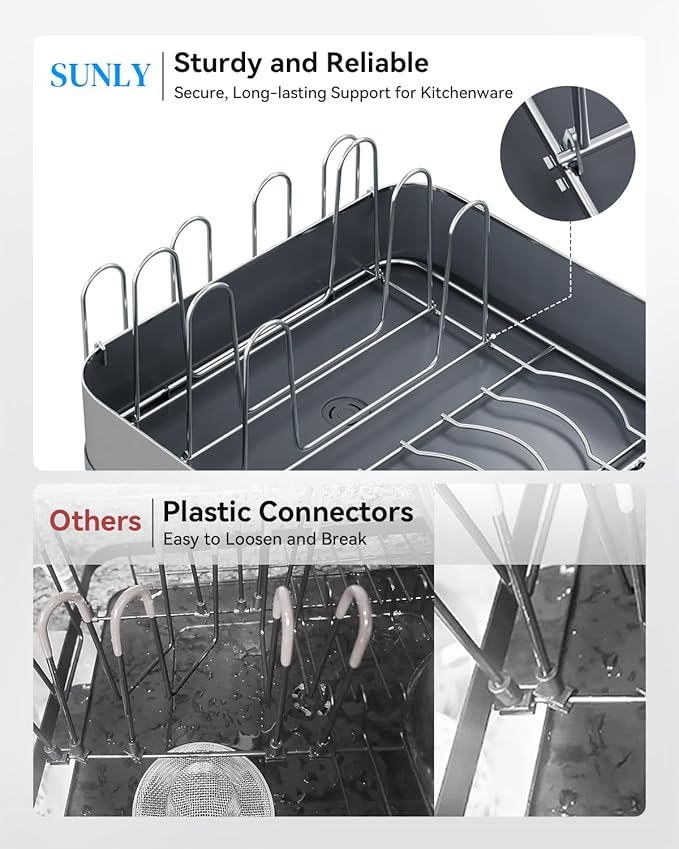 SUNLY Expandable Dish Drying Rack, Versatile Brackets for Pots & Pans, Space Saving Kitchen Drying Rack, Dish Racks for Kitchen Counter, Stainless Steel Dish Drainers with Extendable Spout, Gray