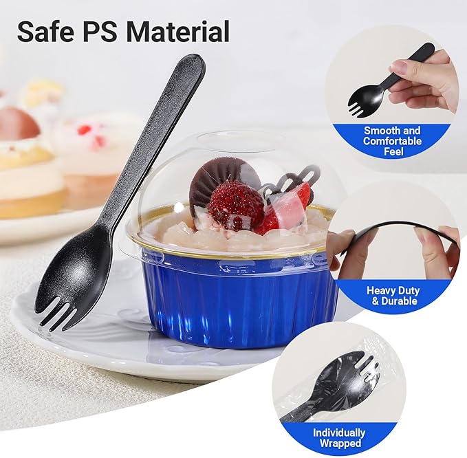 EUSOAR Disposable Ramekins with Individually Wrapped Spoons, 60pcs 5oz Mini Cake Pans with Lids and Plastic Sporks, Foil Creme Brulee Ramekins Muffin Baking Cups Cupcake Liners for Wedding Party Favor