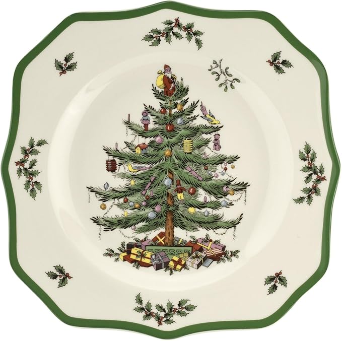 Spode Christmas Tree Scalloped Dinner Plate - Holiday-Themed Stoneware Large Plate - 10.5 Inch Christmas Dinner Dish Featuring Colorful Gifts & Mistletoe Accents - Dishwasher & Microwave Safe