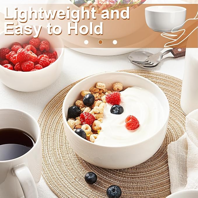 Jassceram Ceramic Soup Bowls Set of 4, 30 Oz Salad Bowls for Kitchen, White Serving Bowl for Cereal, Oatmeal, Fruit, Suitable for Kitchen or Dining - Dishwasher & Microwave Safe, 6 Inch, White