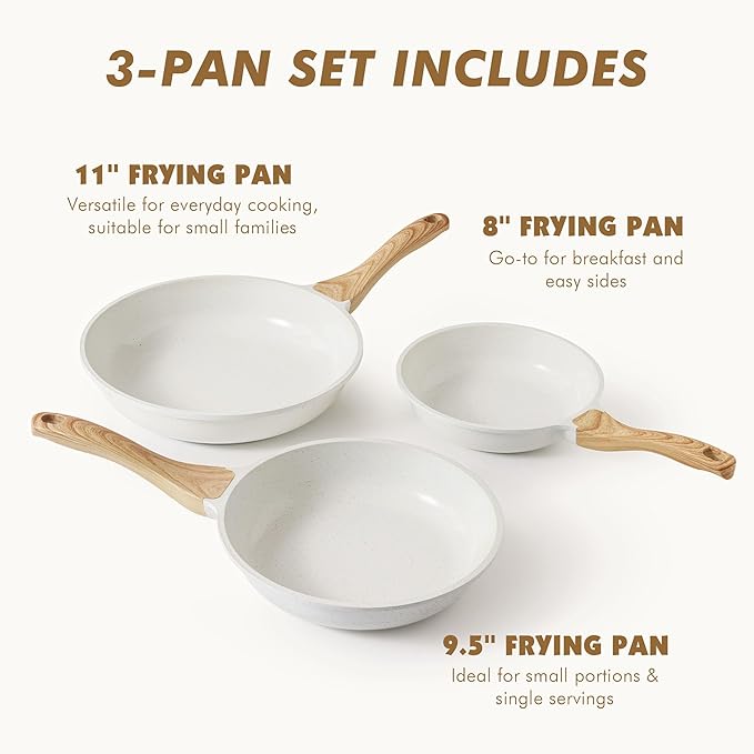 SENSARTE Nonstick Frying Pan Skillets, White Ceramic Coating Omelette Pans, Healthy Cookware Chef's Pan, PTFE & PFAS Free (8+9.5+11 Inch)