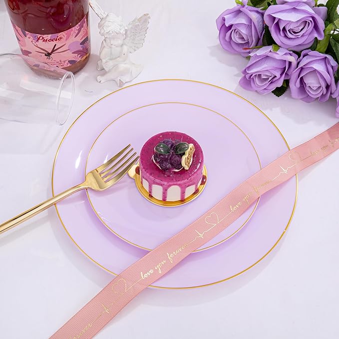 PULOTE 100PCS Purple Plastic Plates Disposable - Include 50 Dinner / 50 Dessert Plates Heavy Duty for Party, Wedding&Easter