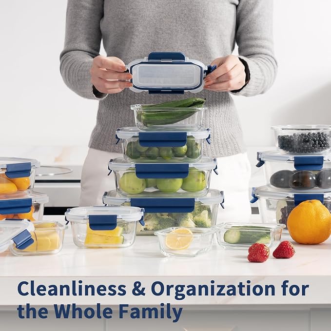 30 Pieces Glass Food Storage Containers with Snap Locking Lids,Glass Meal Prep Containers Set - Airtight Lunch Containers, Microwave, Oven, Freezer and Dishwasher BLUE