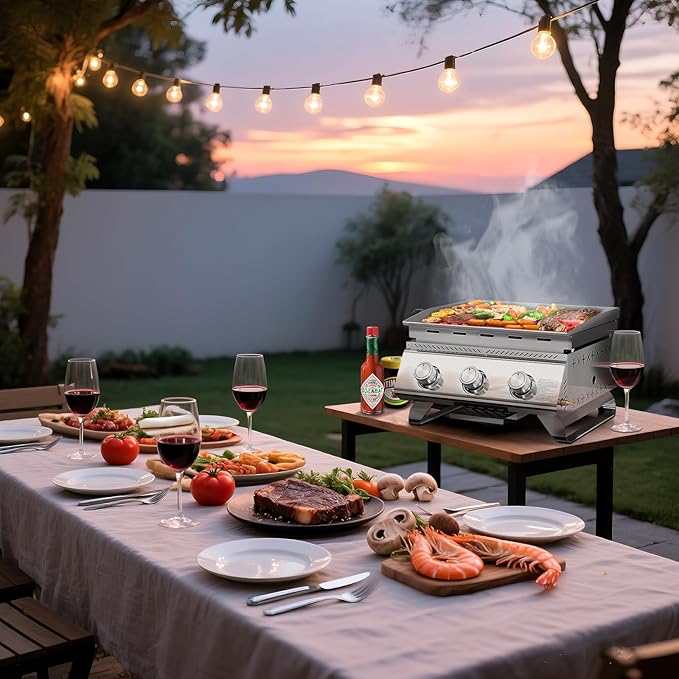 R.W.FLAME Premium 3-Burner Tabletop Propane Gas Griddle Stainless Steel Portable Outdoor Griddle,24,000 BTU Compact Flat Top Camping BBQ Grill,347 Sq. In. Cooking Area,Heavy Duty