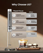 Maestri House Rechargeable Milk Frother with Stepless Speed Control, LunaFro Max Handheld Electric Foam Maker Waterproof Drink Mixer Foamer with Stand & Detachable Whisks for Lattes, Cappuccino
