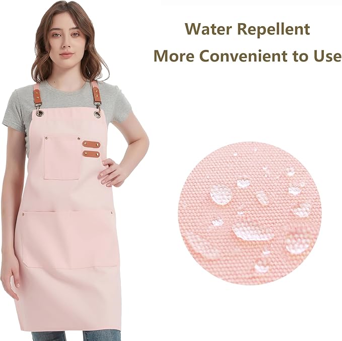 AFUN Chef Aprons for Women Men with Large Pockets, Cotton Canvas Cross Back Water Repellent Work Apron, Size M to XXL (LightPink)