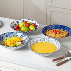 Ceramic Pasta Bowls Set - 40 Oz Porcelain Large Salad Bowls Serving - 9 Inch Wide Shallow Plate Bowls for Eating - Housewarming Wedding Gift - Oven Dishwasher Safe - Set of 4 - Vintage Blue