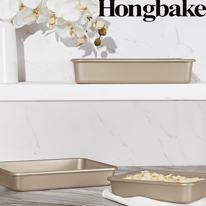 HONGBAKE Deep Baking Pans Set of 3, Nonstick Rectangle Sheet Cake Pans, 13/11/9 Inch Metal Oven Tray for Cooking Lasagna Brownie, Stackable Multi-Depth Bakeware, Golden