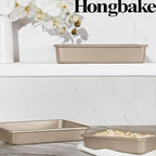 HONGBAKE Deep Baking Pans Set of 3, Nonstick Rectangle Sheet Cake Pans, 13/11/9 Inch Metal Oven Tray for Cooking Lasagna Brownie, Stackable Multi-Depth Bakeware, Golden