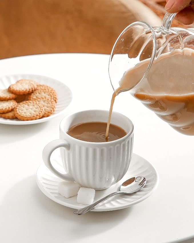 Hasense Ceramic Cappuccino Cups and Saucers - 8 Oz, Large Ribbed Latte Cups Set of 4 for Coffee,Tea,Latte and Macchiato, Demitasse Cups Set Aesthetic Gifty, White