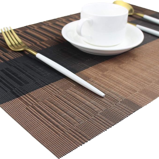 PIGCHCY Elegant Placemats with Matching Table Runner,Washable Durable Plastic Placemats for Dining Table Sets(6pcs Placemats+1pcs Table Runner, Brown)