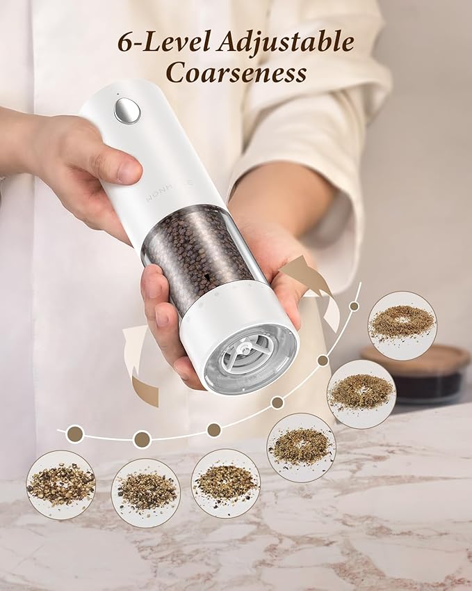 Electric Salt and Pepper Grinder Set - Automatic Refillable Salt and Pepper Grinders with Charging Base & LED Light, 6-Level Adjustable Coarseness with External Dial, Ideal Kitchen Gadget，Black& White