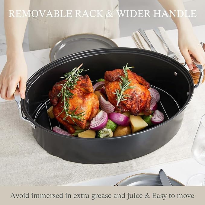 KITESSENSU Extra Large Roasting Pan with Lid - Nonstick Turkey Roaster Pan with Rack 18.5 x 14.5 Inch - Heavy Duty Covered Roasting Pot - All Ovens Fit & Dishwasher Safe, Gray