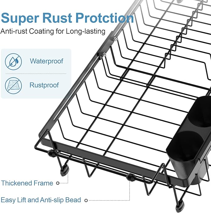 iSPECLE Dish Drying Rack with Sink Mat - Expandable Capacity in Sink Dish Rack for Kitchen RV Apartment, Large, Black