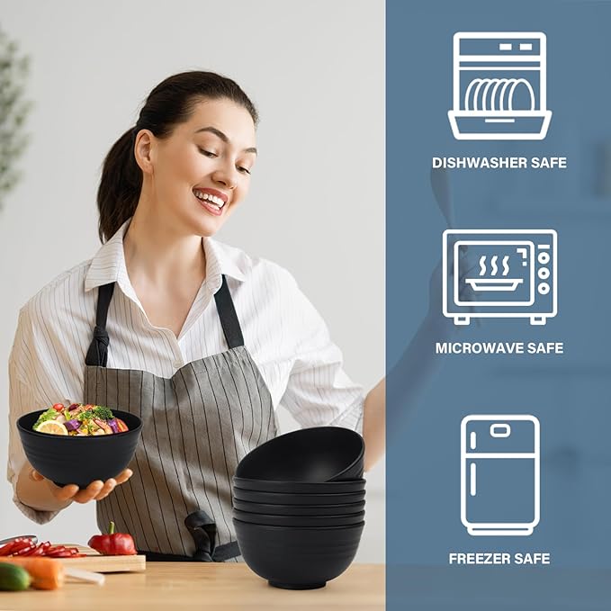 Cereal Bowls - Wheat Straw Bowl Set of 6, 26 OZ Unbreakable Bowls for Kitchen, Alternative to Plastic Bowls Reusable, Microwave Safe Bowl for Soup, Salad, Oatmeal, Snack (Black)